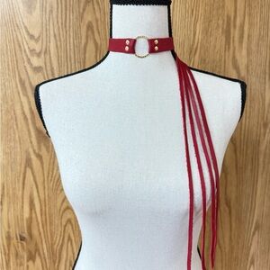 Red Leather Choker Necklace/bracelet with Gold Accents